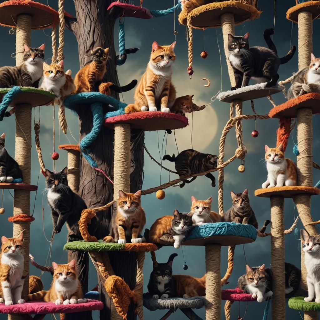 Cats Playing on Cat Tree: Detailed Matte Painting