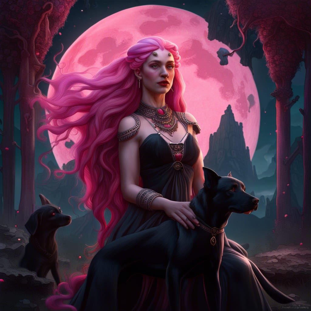 Goddess Hekate with Dog and Moon, Detailed Fantasy Art