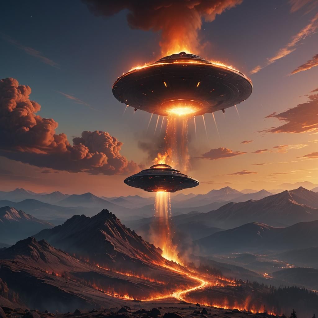 Giant UFO Hovers Over Burning Mountain: Digital Art