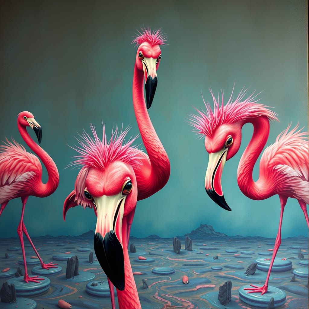 Surreal Pink Flamingos in Dreamlike Landscape