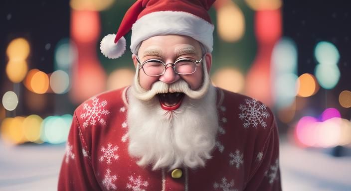 Hyperrealistic Hipster Santa Laughing in Colorful Abstract