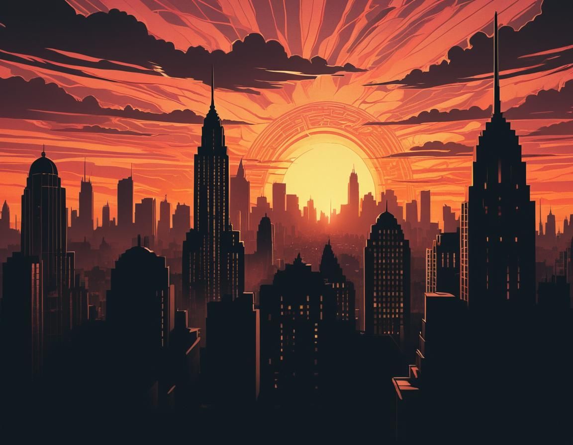 Art Deco Cityscape at Sunset