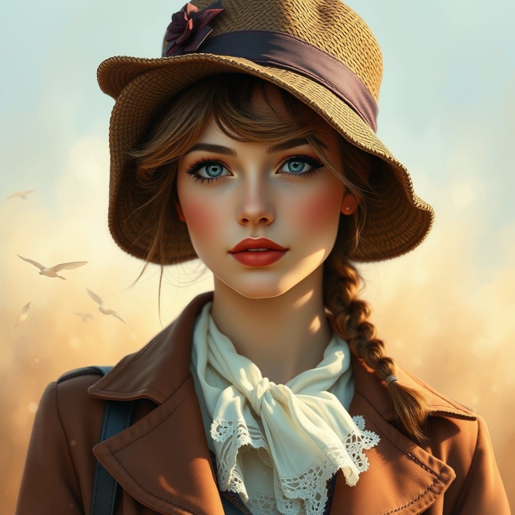 Mysterious Woman in Vintage Hat: Hyperrealistic Watercolor P...