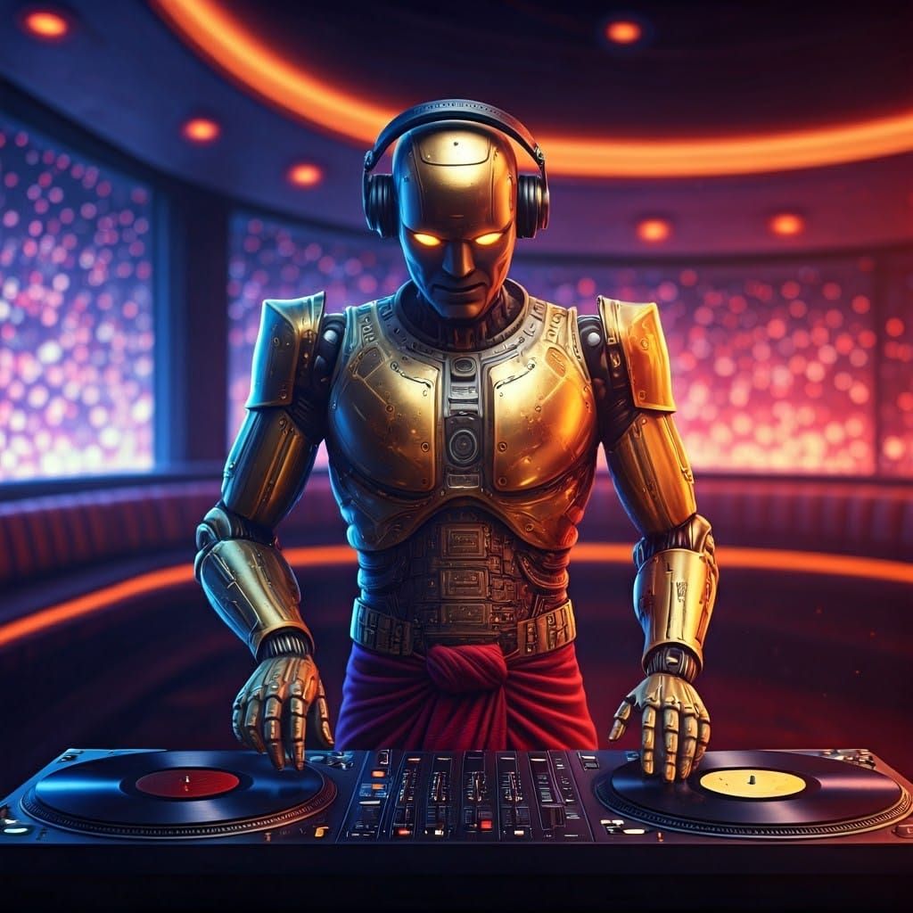 Futuristic Burmese Robot DJ in Neon Nightclub