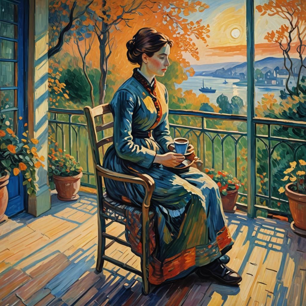 Woman Sipping Coffee at Sunrise: Neo-Impressionist Oil Paint...