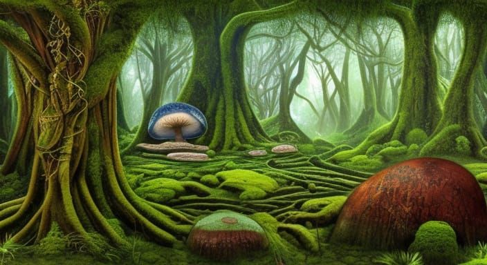 Surreal Forest Landscape with Giant Mushrooms and Crystals