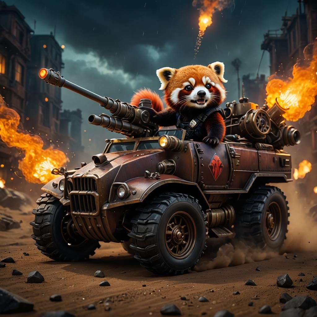 Chibi Red Panda Races Dieselpunk Tank in Mad Max Style