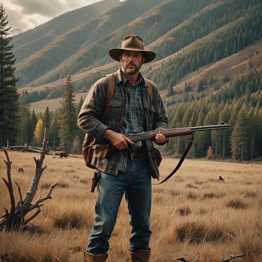 Elk Hunter in Field: Cinematic Film Still