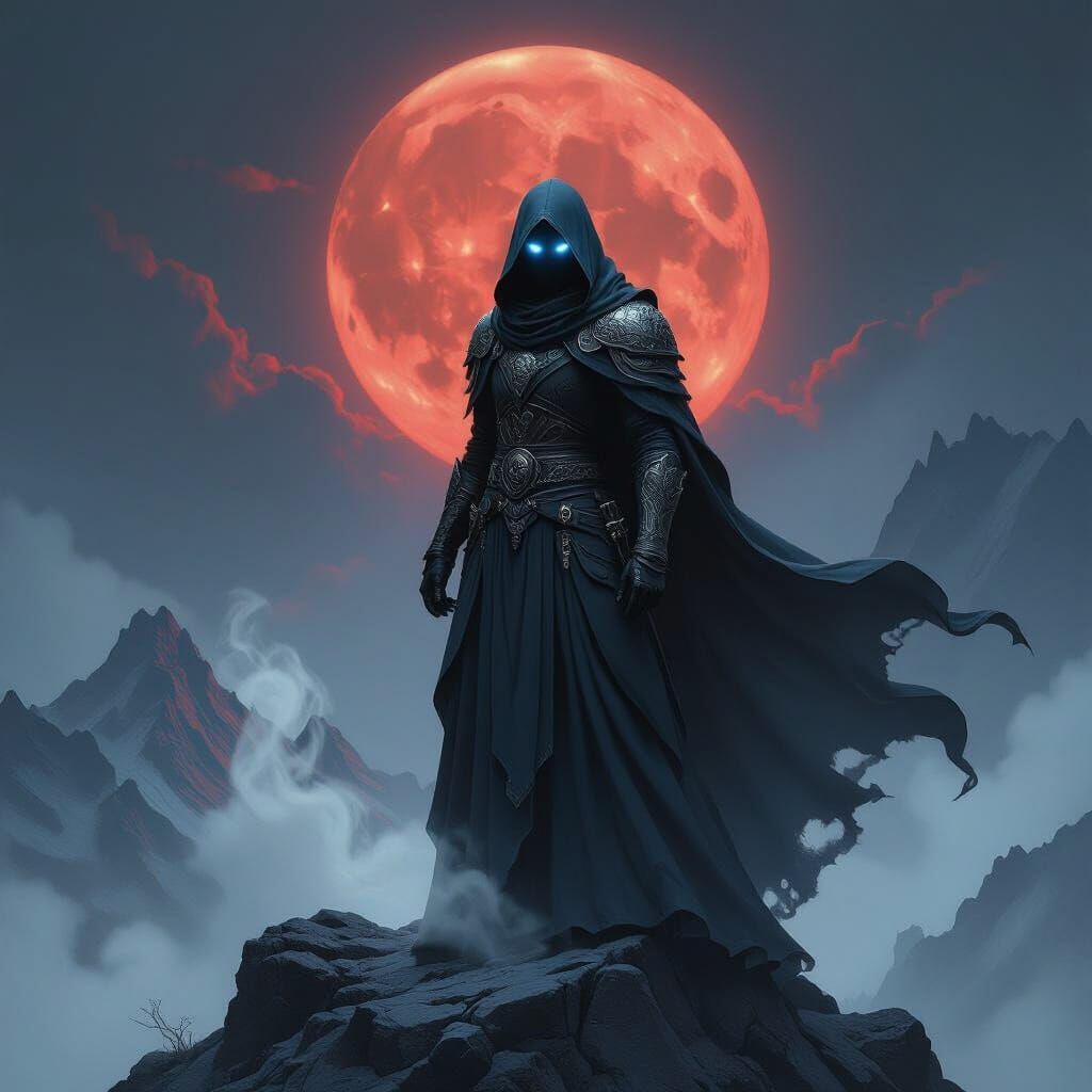 Mystical Assassin on Mountain Peak Under Blood Moon