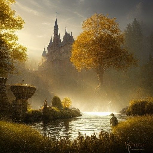 Medieval Castle and Golden Tree in Digital Art