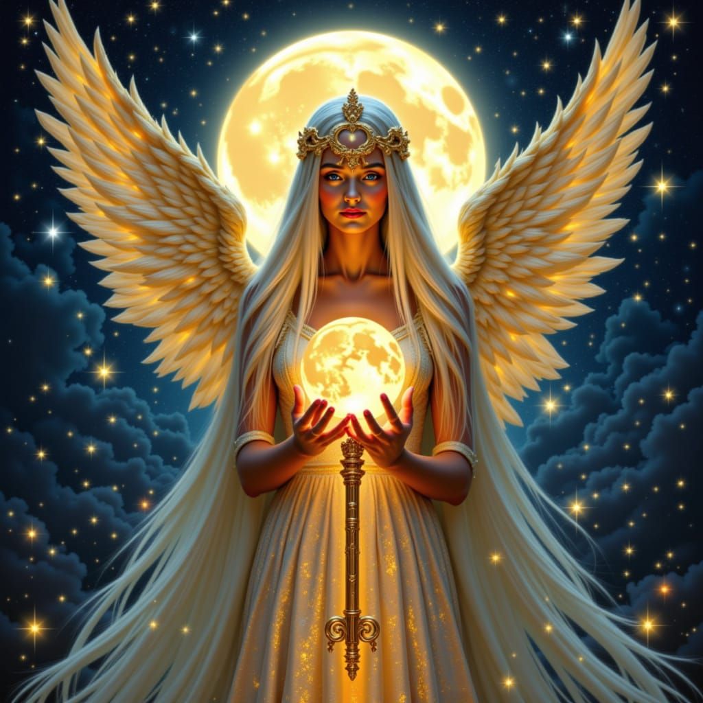 Celestial Maiden Unlocks Moonlit Door with Golden Key