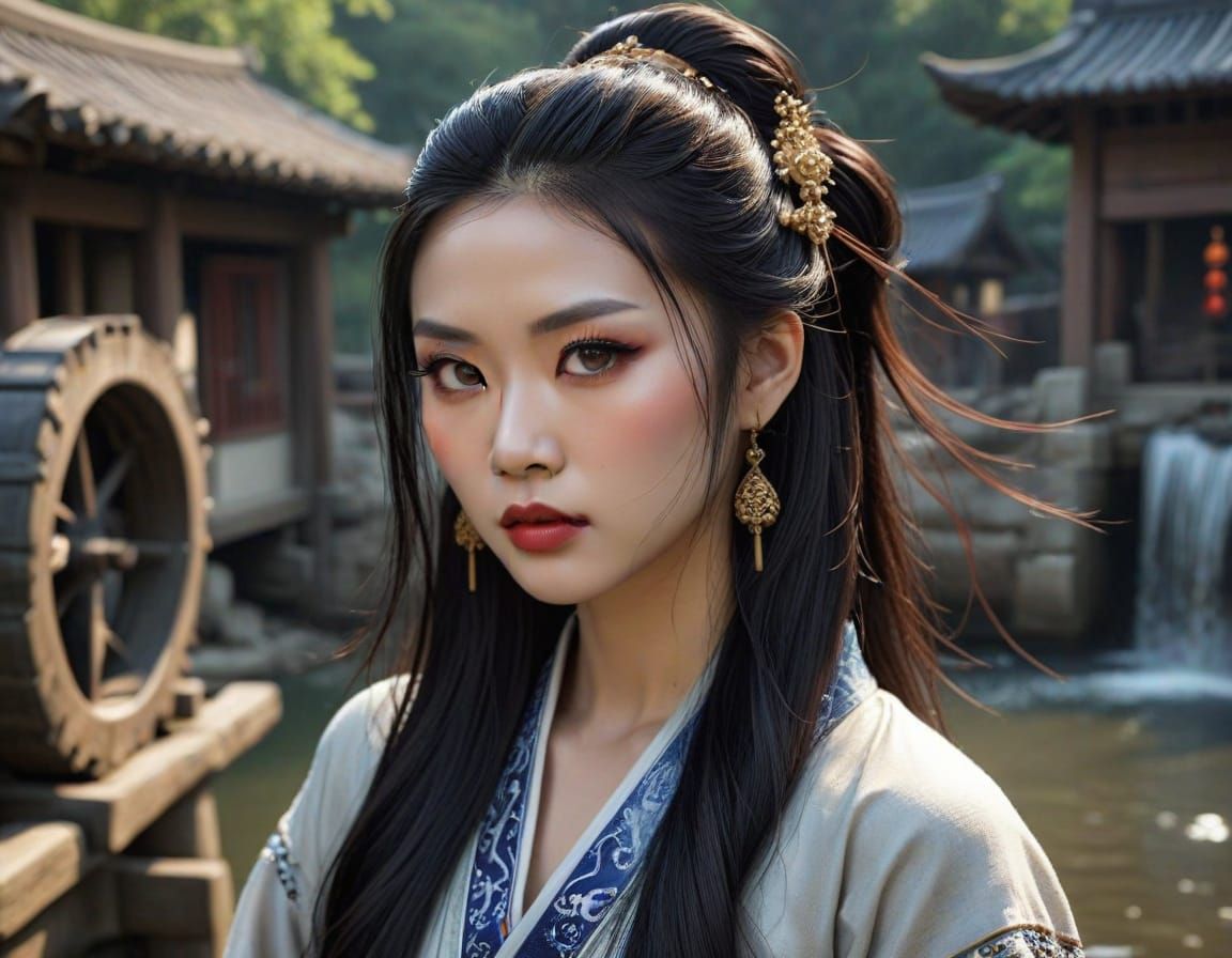 Cyberpunk Chinese Empress at a Water Mill