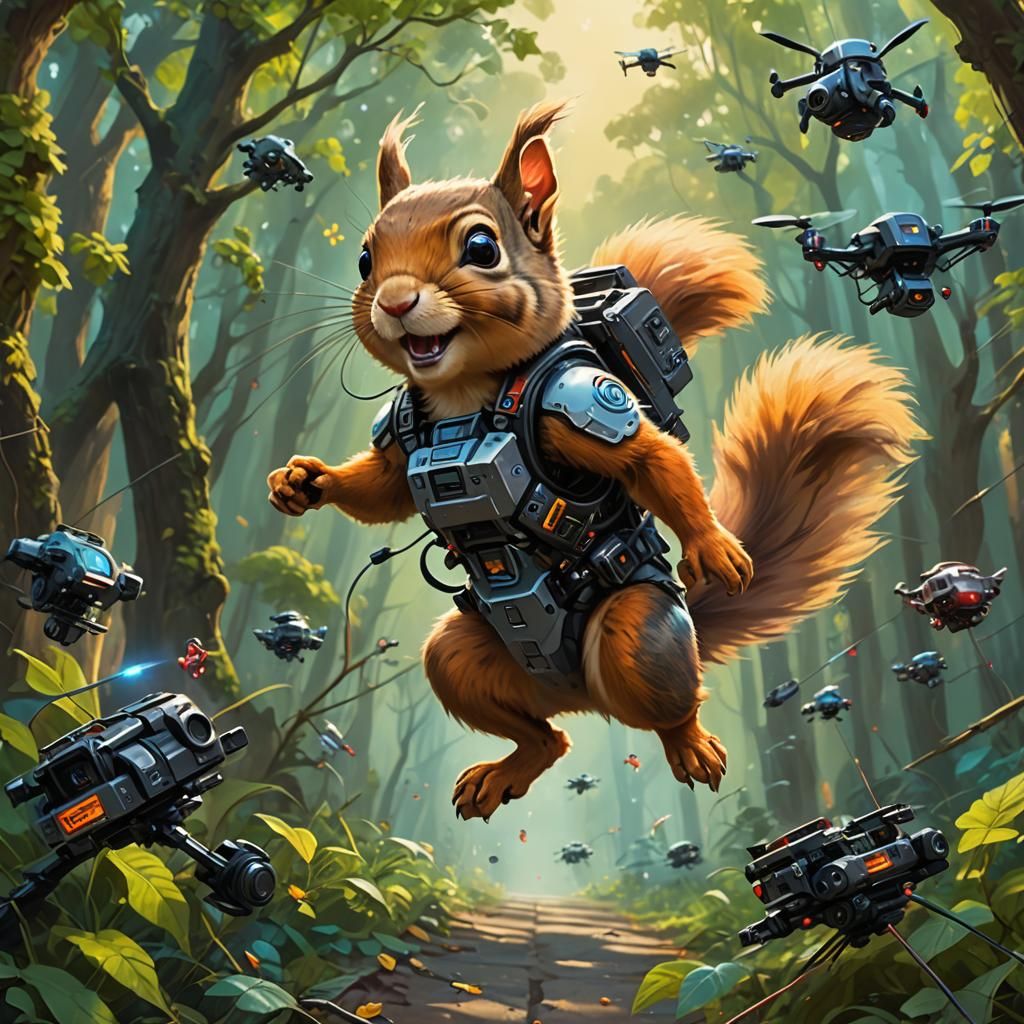 Cyborg Squirrel Chasing Drone: Hyperrealistic Oil Painting