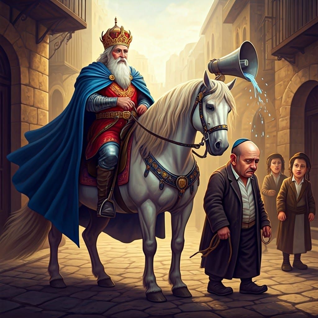 Majestic Knight Rides Powerful White Horse in Regal Attire