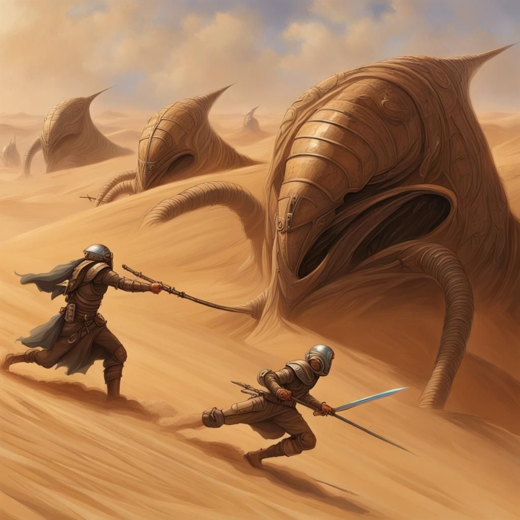 Fremen Warriors Attack Sandworm on Dune