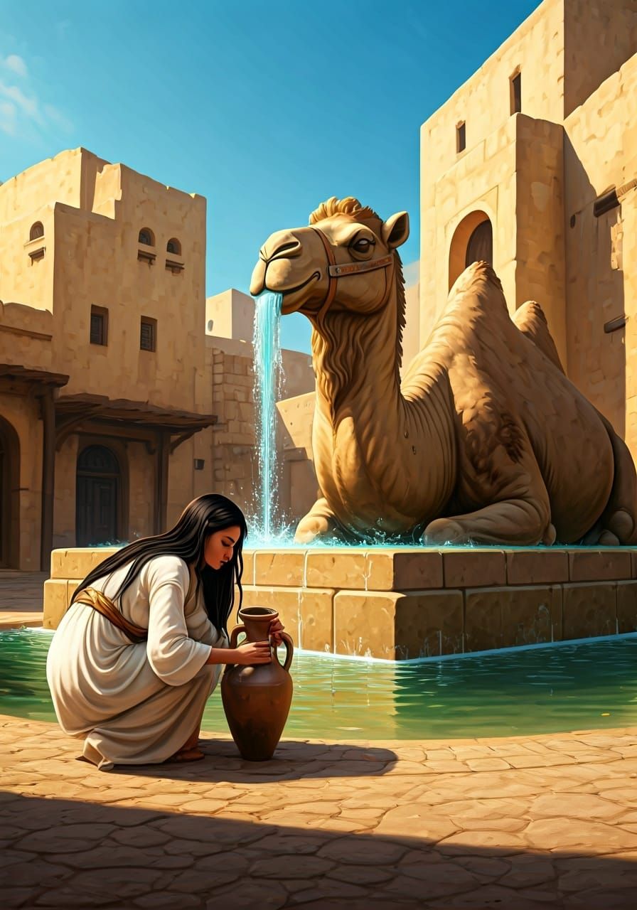 Woman at Camel Fountain in Hearthstone Style