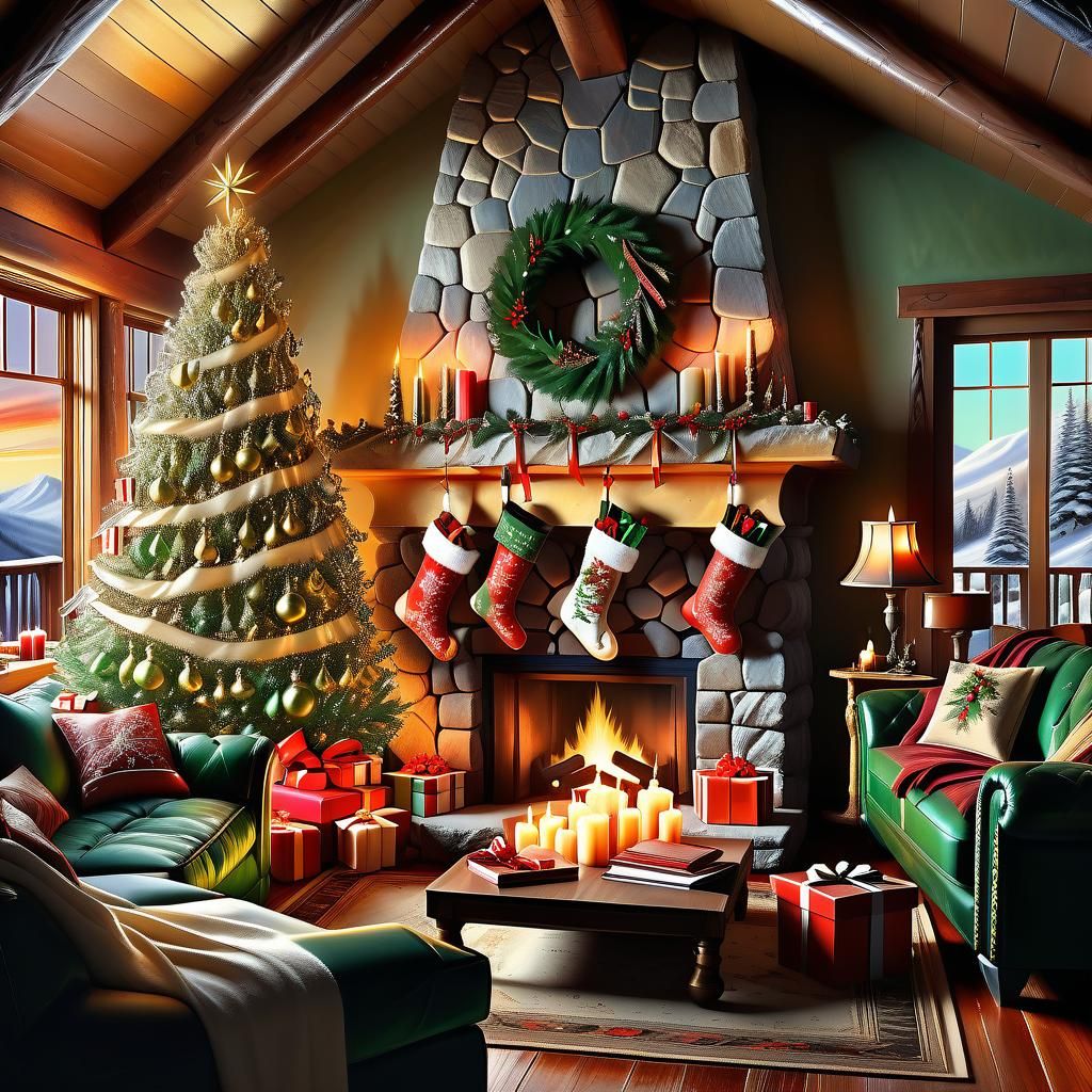 Cozy Christmas Cabin in Surrealist Style