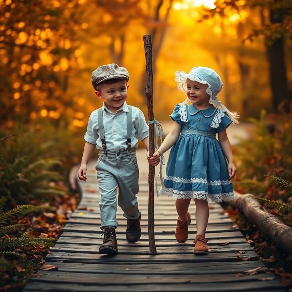 Children Strolling on Autumn Path in Impressionistic Style