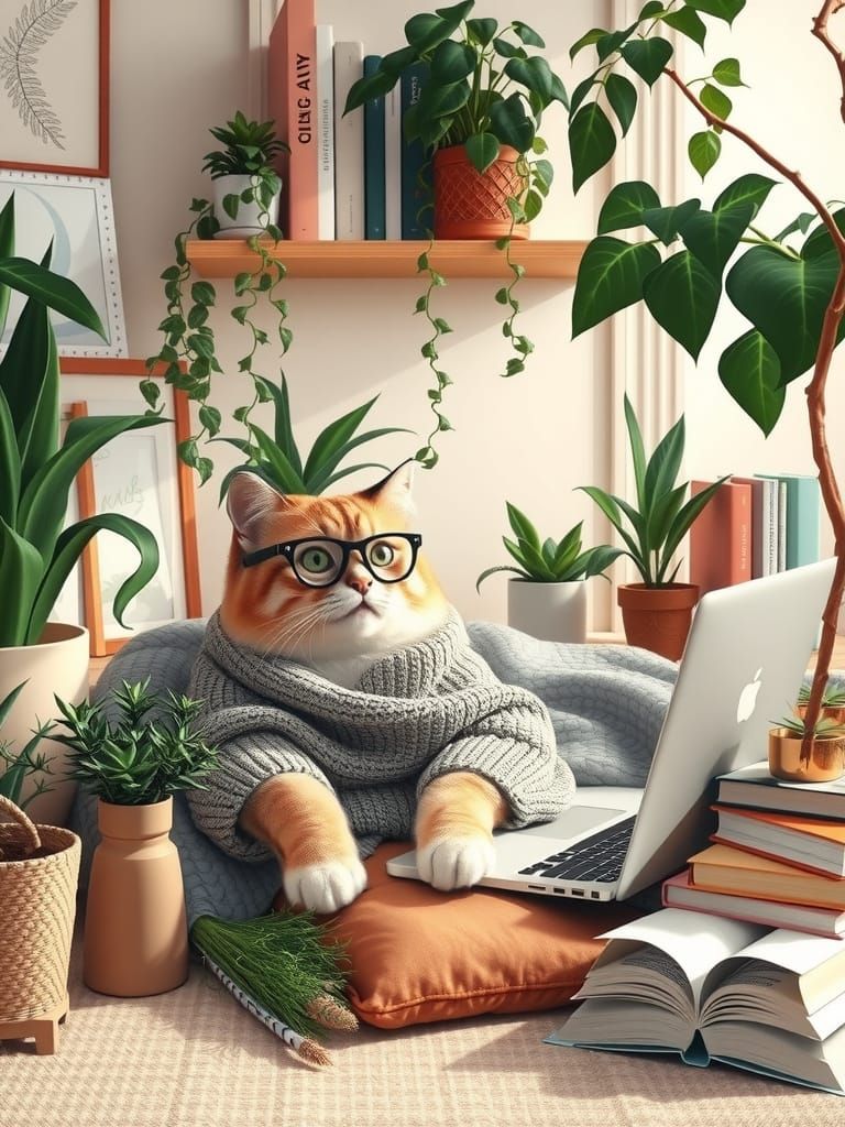 Millennial Cat Surrounded by Plants in Surreal Style