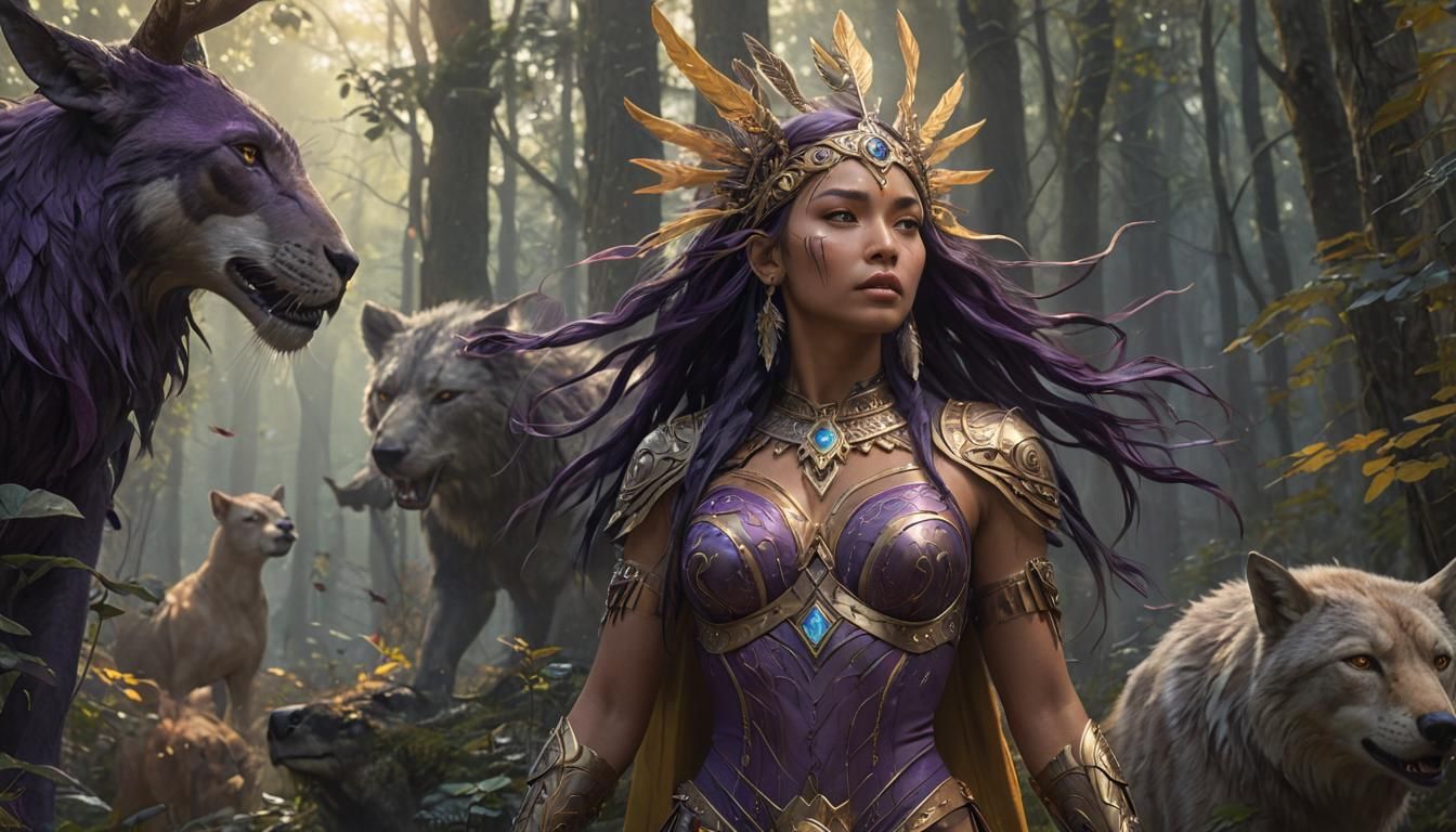 Native American War Goddess in Mystical Forest