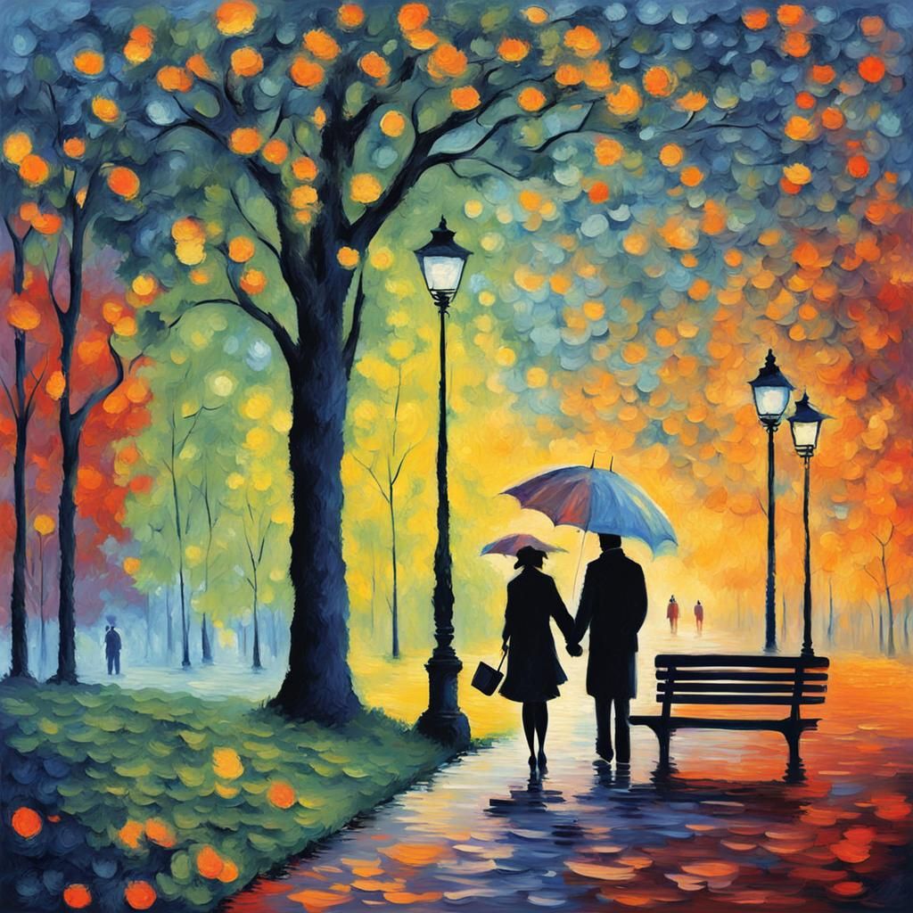 Lovers in Park as Monet-Style Impressionist Art