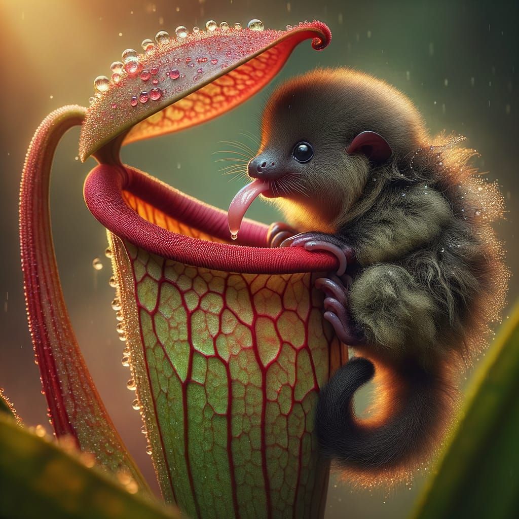 A jungle Colugo perched over the bell a large pitcher plant ...