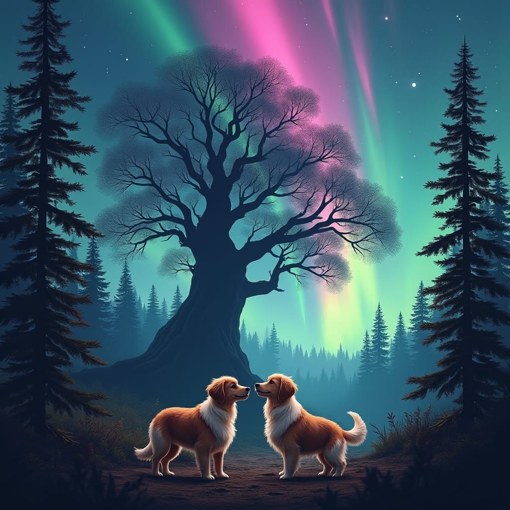 Cavachons Discover Mystical Forest Under Northern Lights
