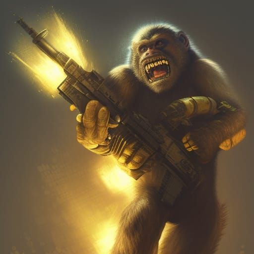Monkey with Banana Gun QR Code in Dark Fantasy Art
