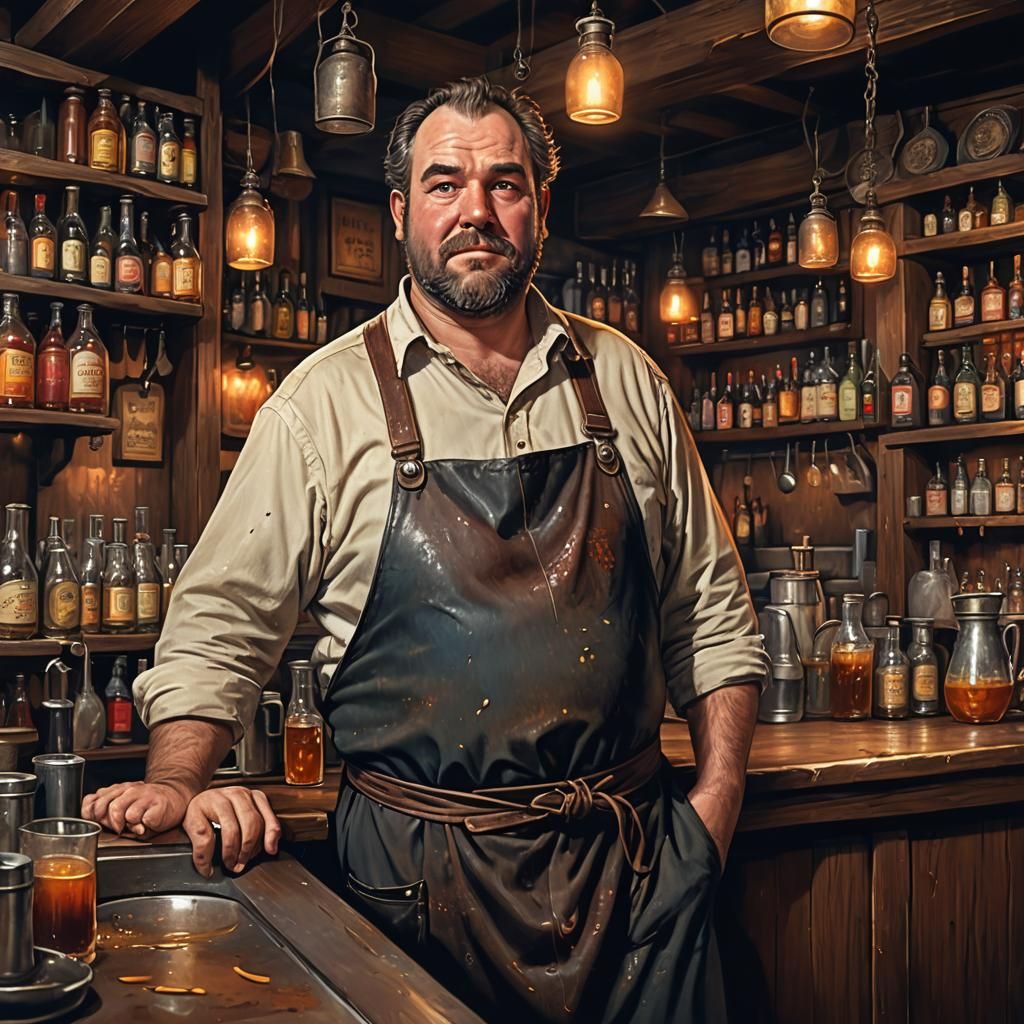 Innkeeper at Dimly Lit Bar: Fantasy Concept Art