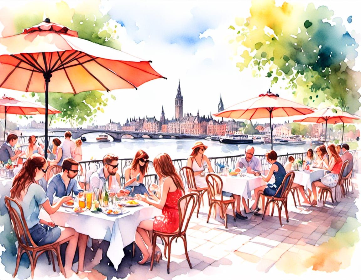 Summer Quay with Outdoor Dining in Antique Watercolor