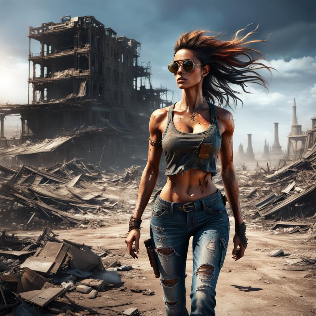 Post-Apocalyptic Woman in Wasteland Landscape