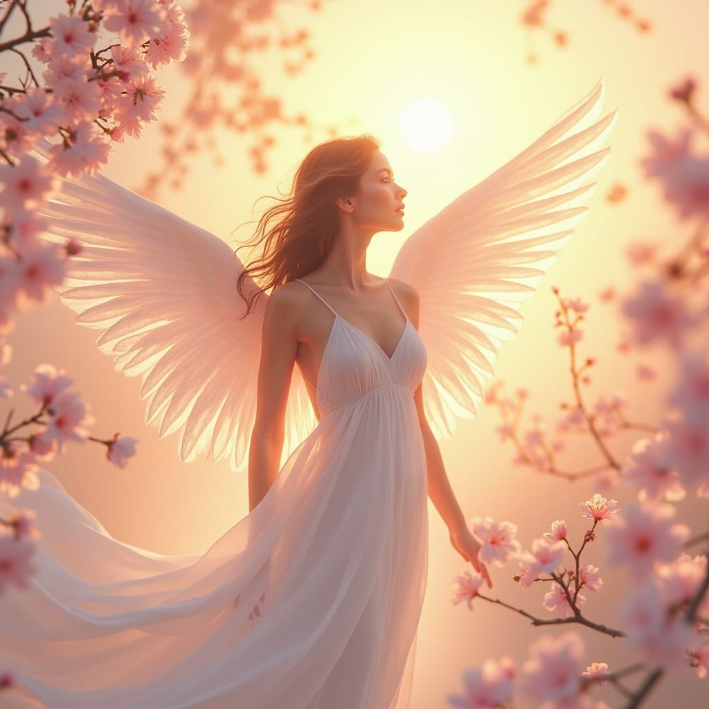 Ethereal Angel in Cherry Blossom Dreamscape