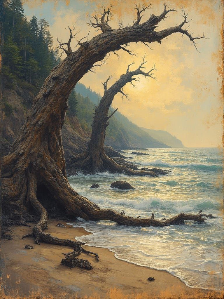 Driftwood Curling Eroded Olde-World Map, Charred and Rusty