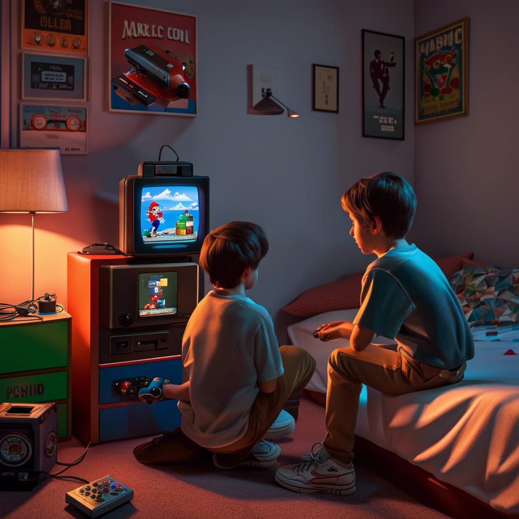 Nostalgic 1980s: Boys Playing Retro Video Games
