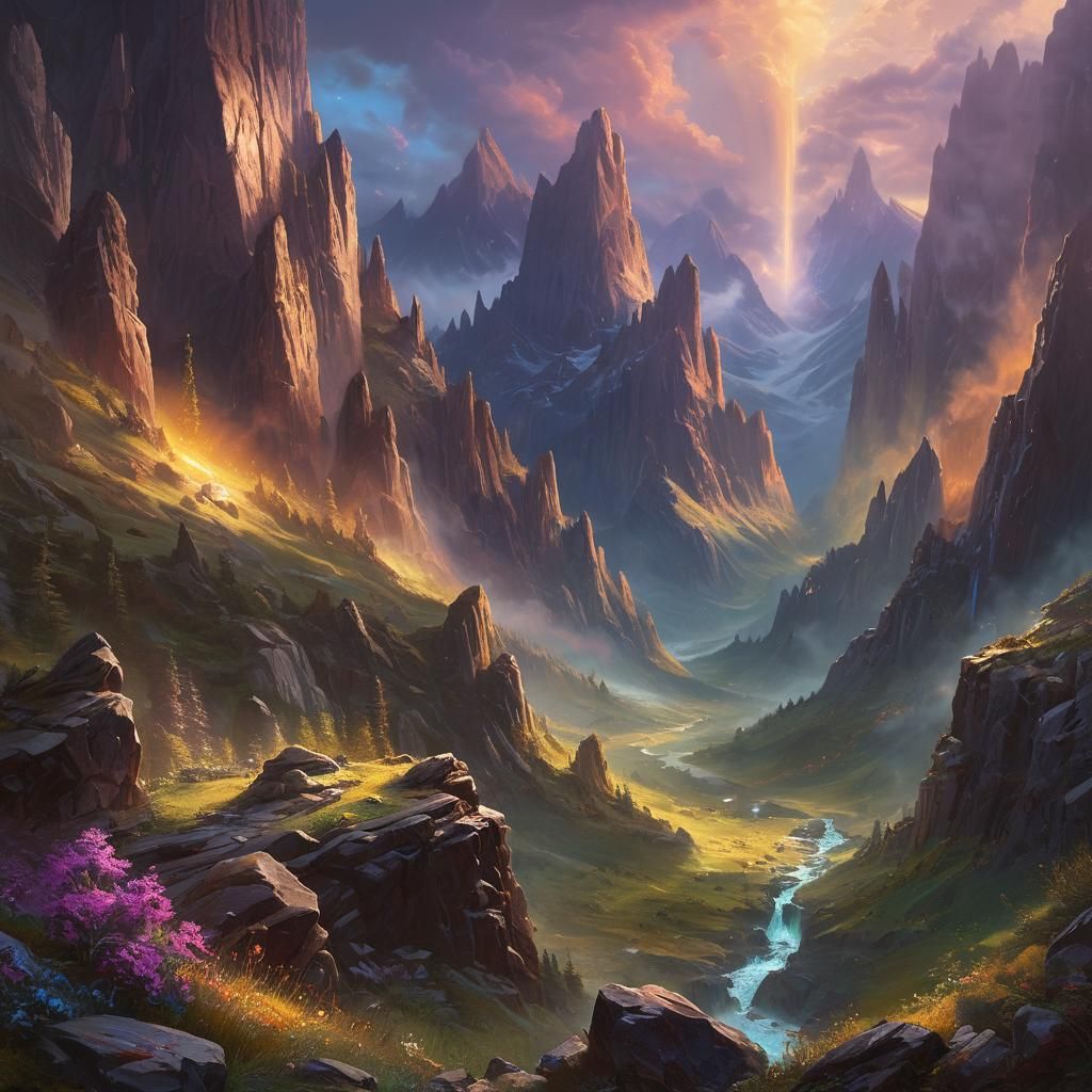 Mystical Valley: Iridescent Mountain Fantasy Landscape