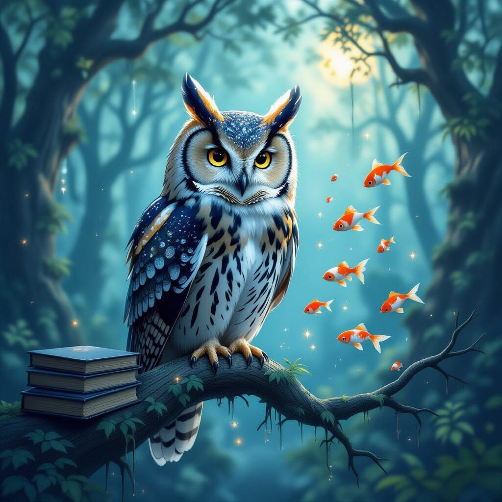 Mystical Owl with Galaxy Eyes and Book Branch