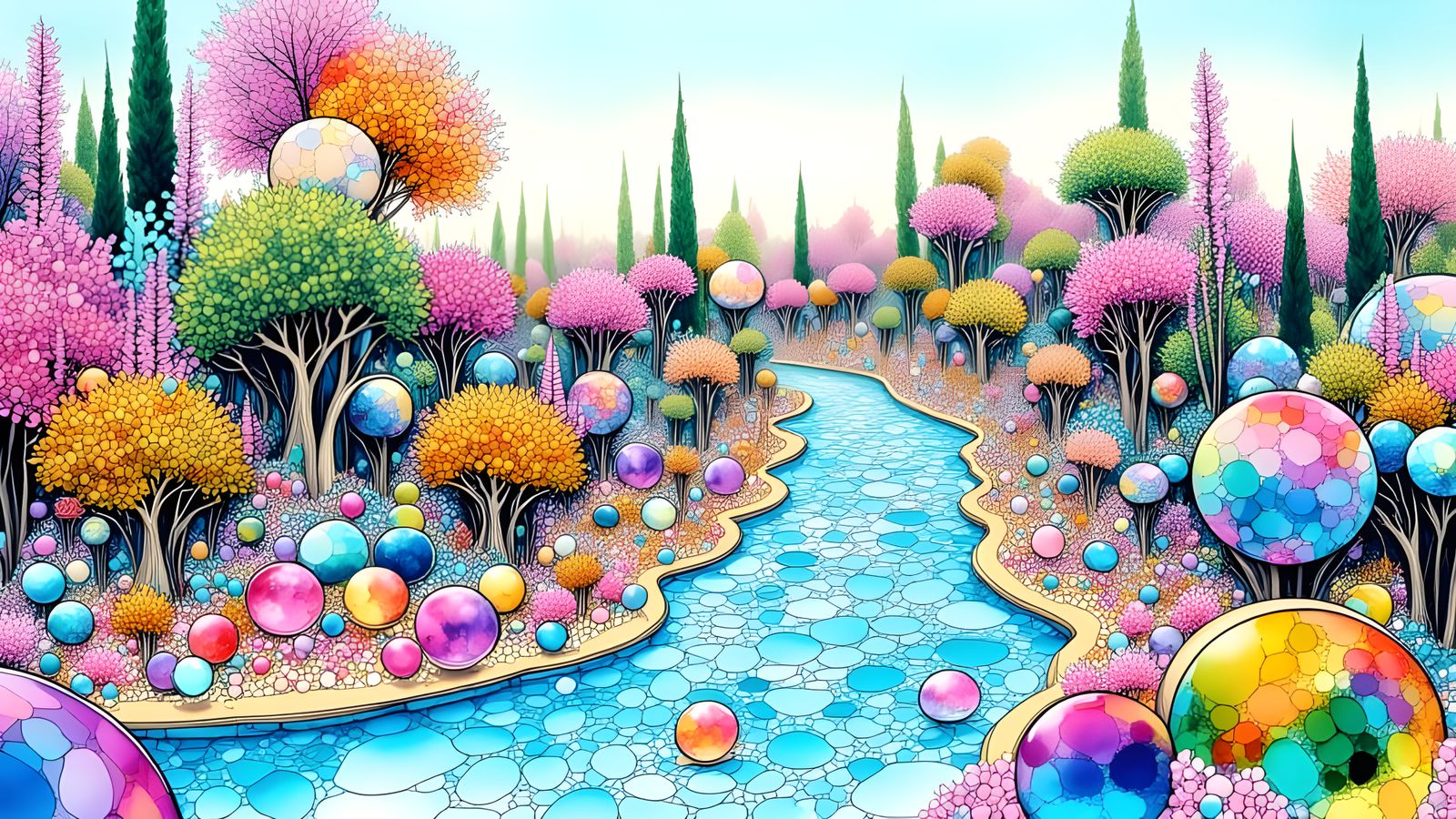 Kaleidoscopic River Flow: Kintsugi & Cherry Blossoms Art