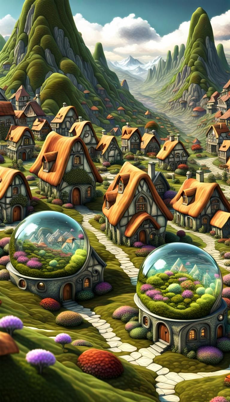 a beautiful epic fantasy dreamworld village community unique hobit wonderland multi 3d fractalism style cutaway layered ...