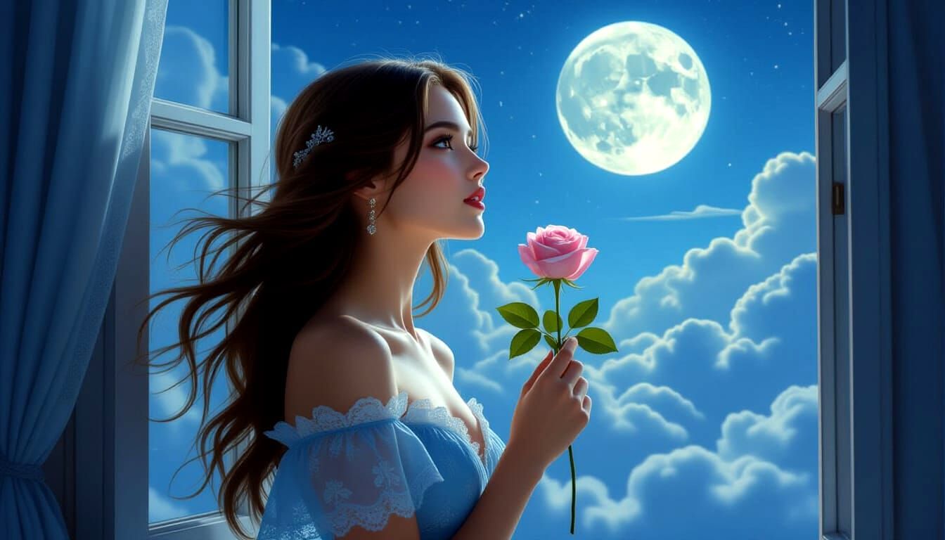 Woman in Blue Dress Holding a Red Rose