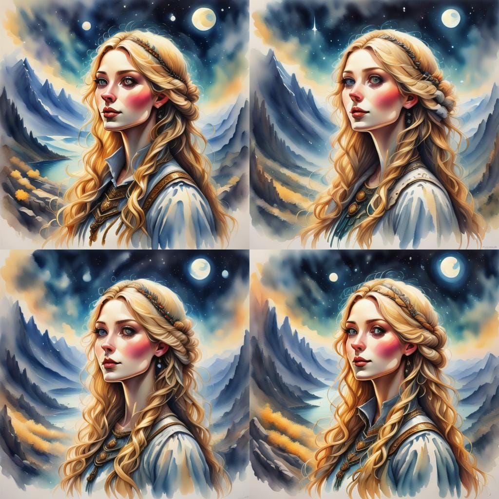 Watercolor Norse Woman at Night Fjord