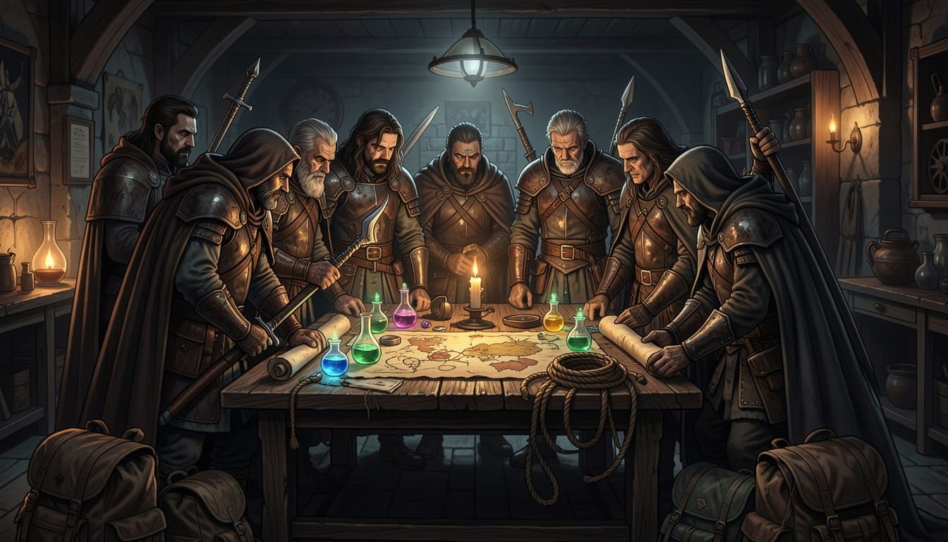 Fantasy Adventurers Around a Table with Treasure Map