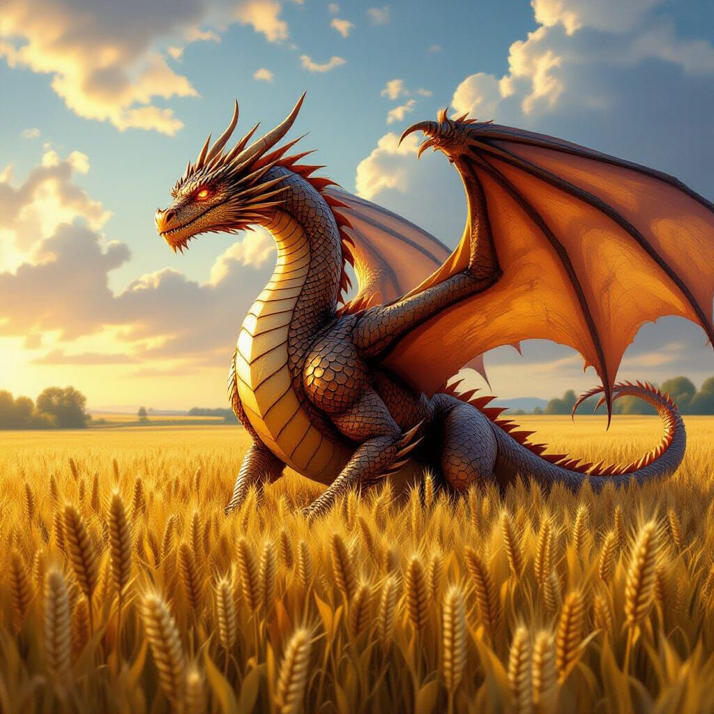 Ancient Dragon Guards Golden Harvest Field in Epic Fantasy S...
