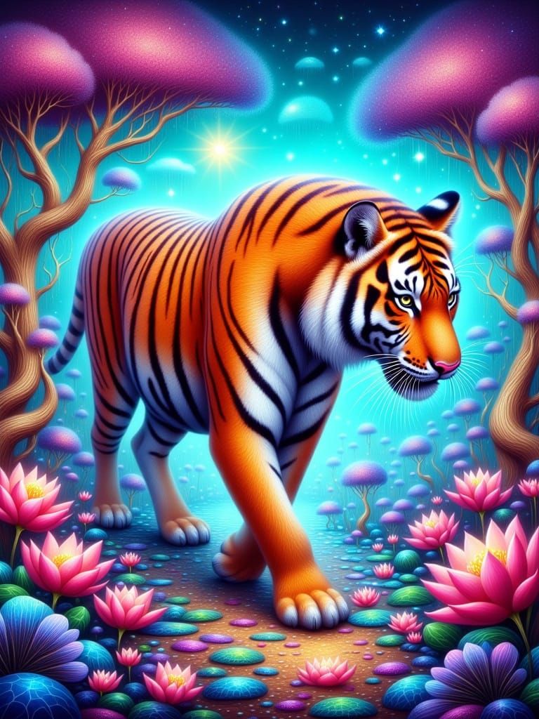 Majestic Tiger Prances in Whimsical Fantasy Forest