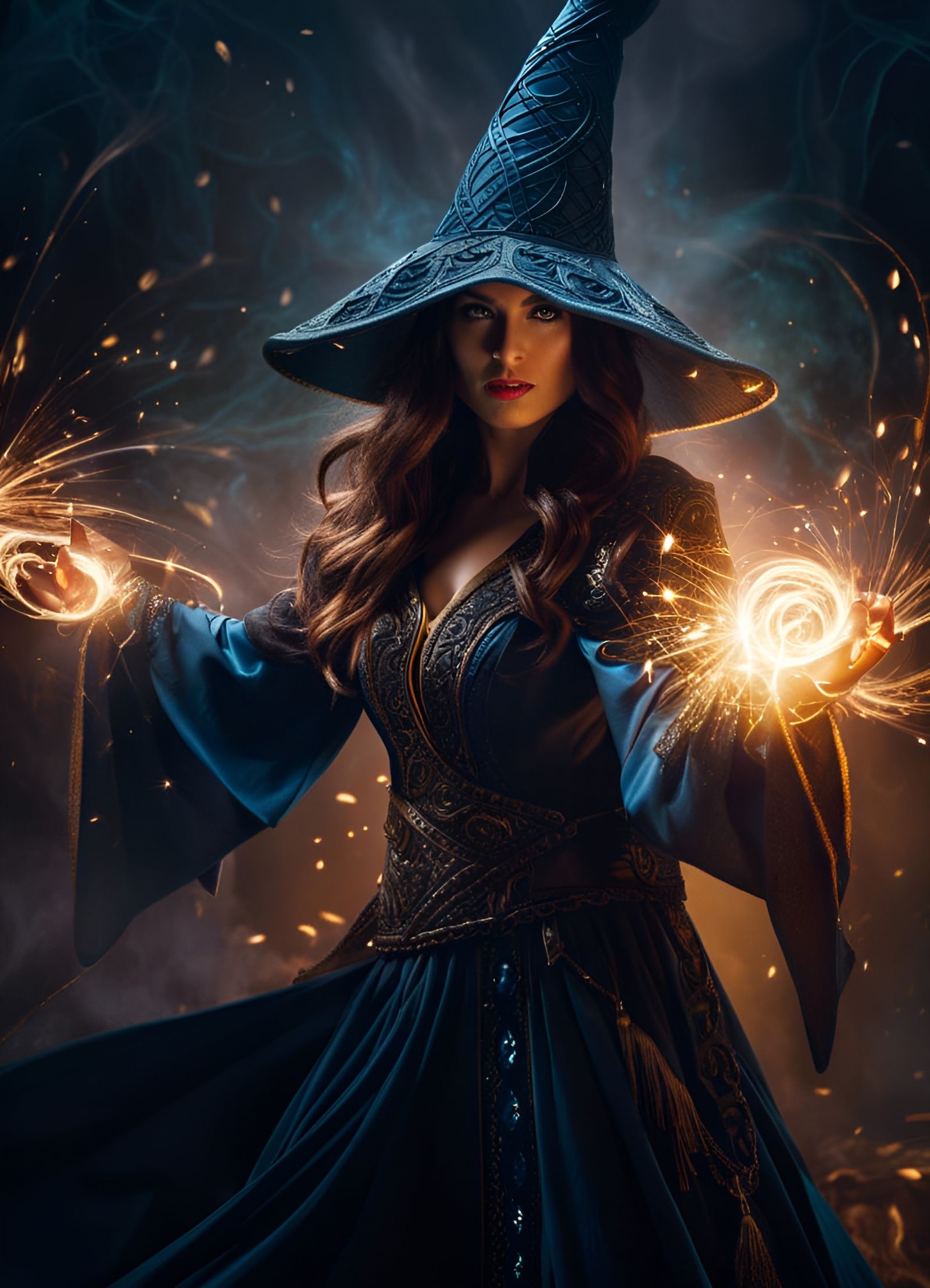 Fierce Sorceress Fighting with Light Magic