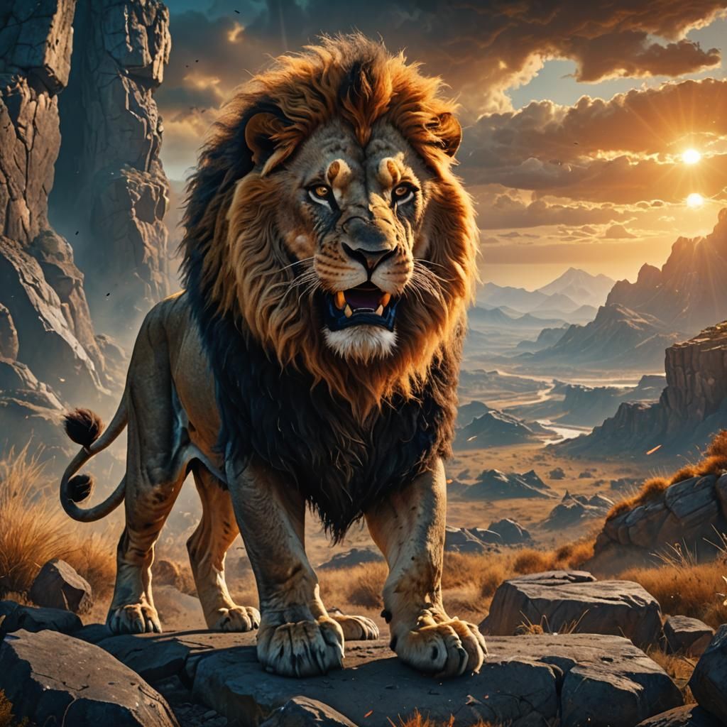 Furious Lion Roaring in War Landscape