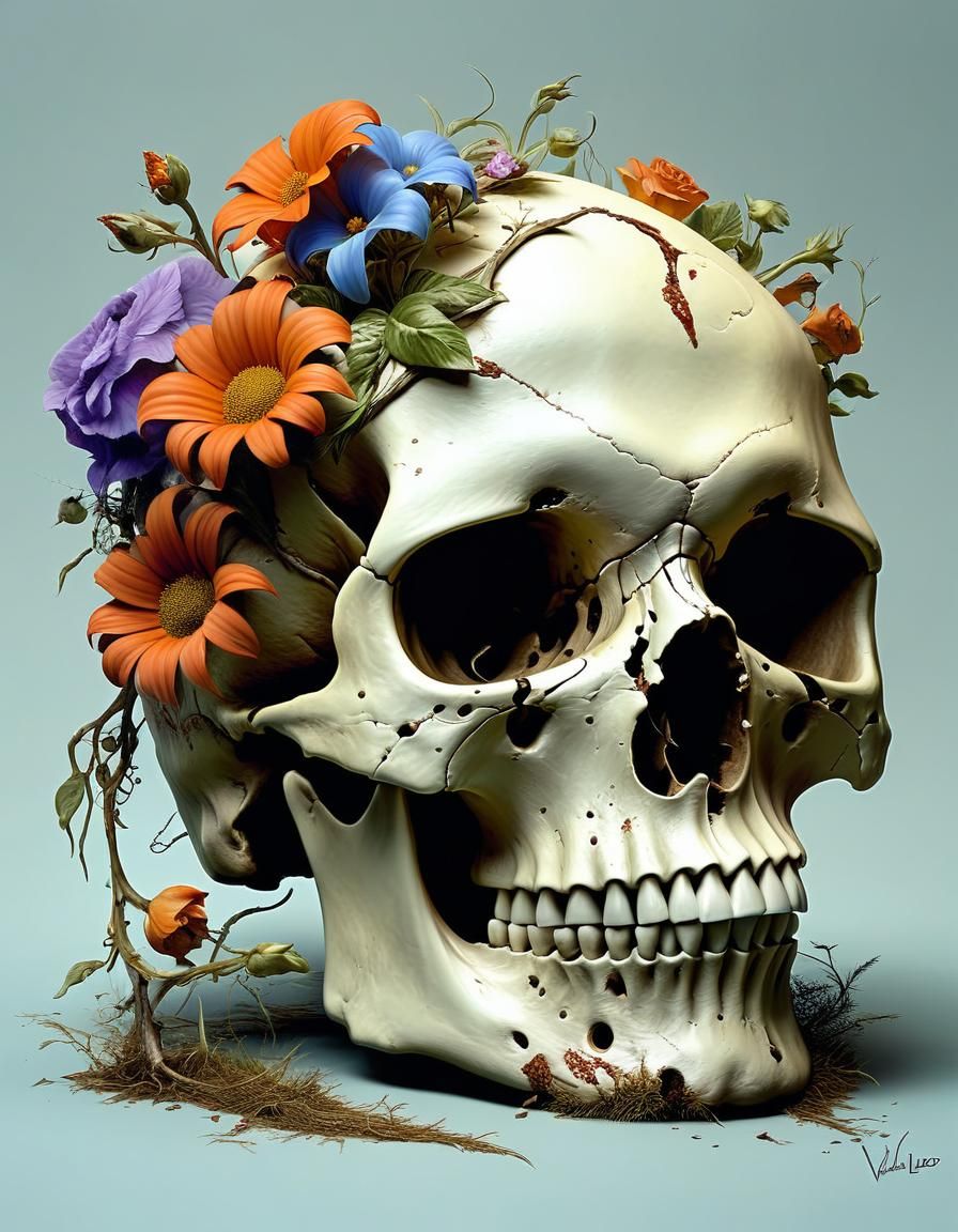 Surreal Decaying Skull with Flowers
