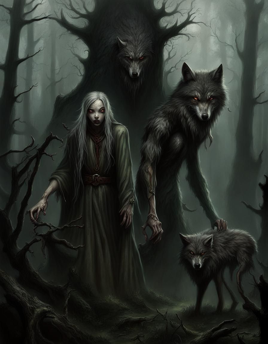 Eerie Hag in Misty Forest with Wolves