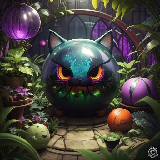 Kitty Bowling Ball Surrounded by Audrey II Plants