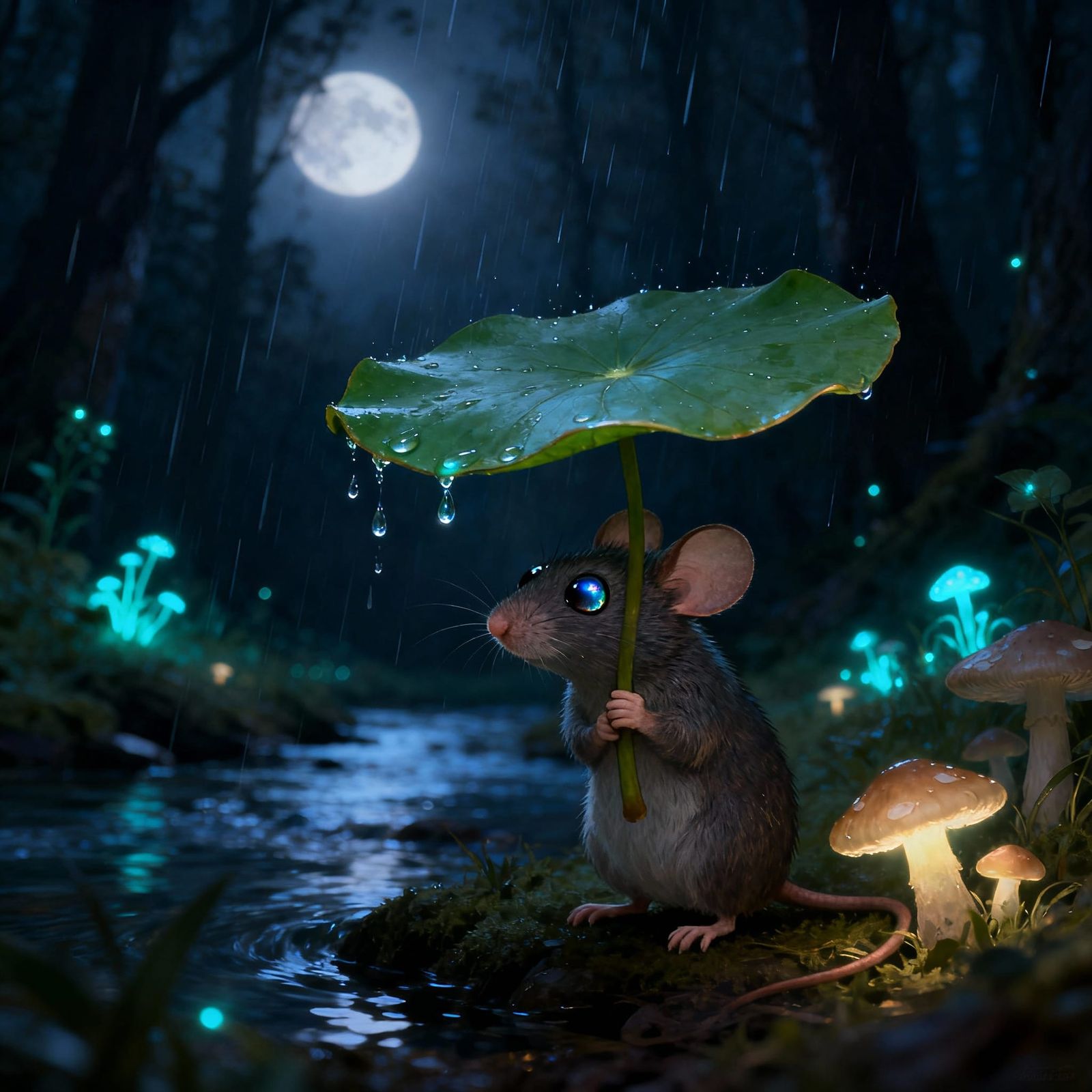 Mouse Hides Under Lilypad During Bioluminescent Rain