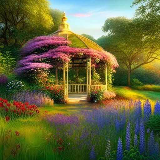 Gazebo Overgrown with Flowering Plants in Golden Light